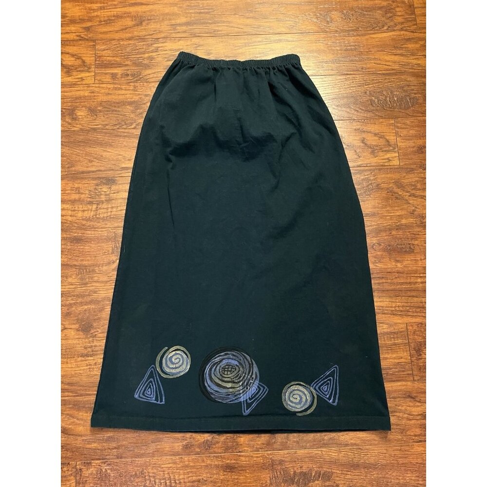 Vtg Blue Fish Organic Cotton Green Hand Painted Circle Triangle Long Skirt Sz 1